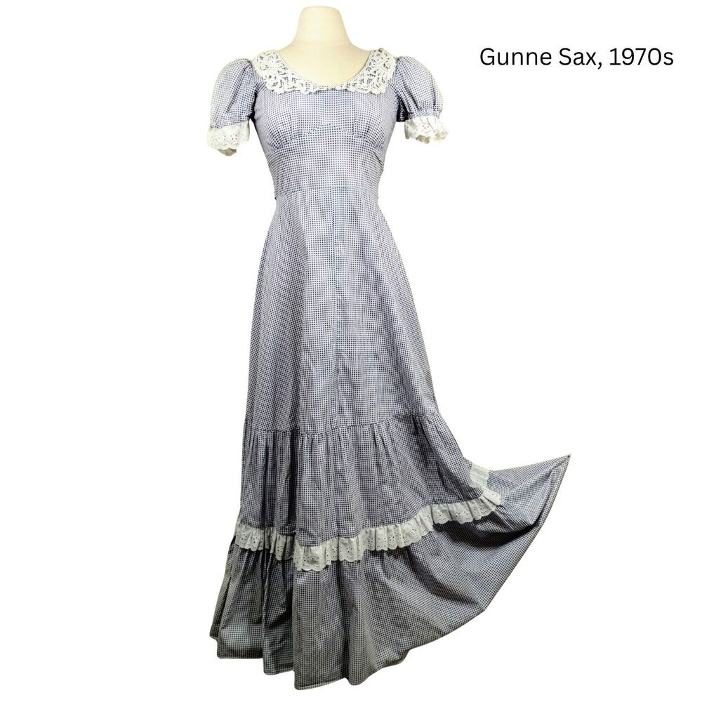 Vtg 70s Gunne Sax Maxi Dress cotton lace collar gingham blue check XS - Picture 6 of 9